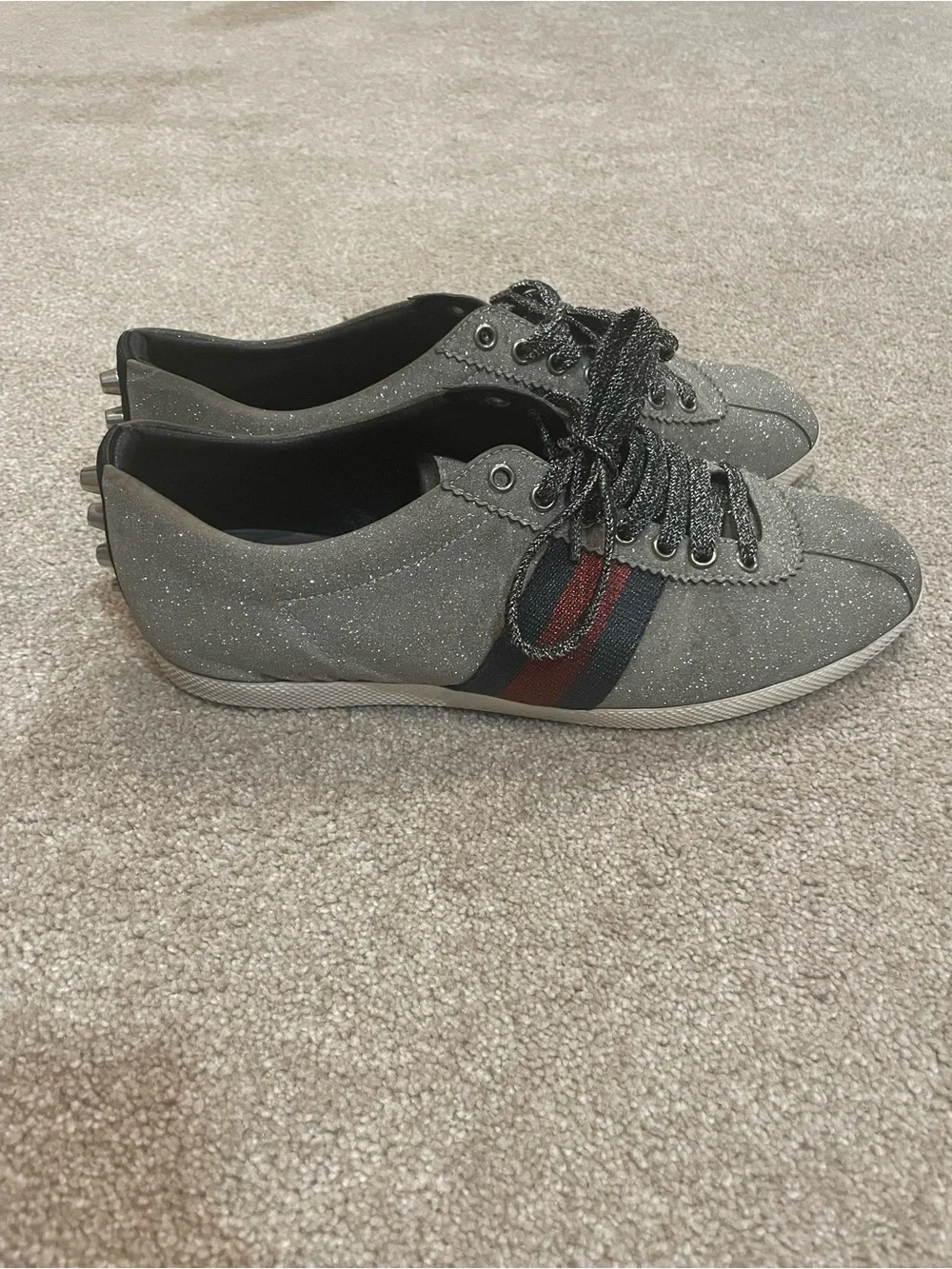 Gucci Silver Glitter Sneakers with Red and Navy Web